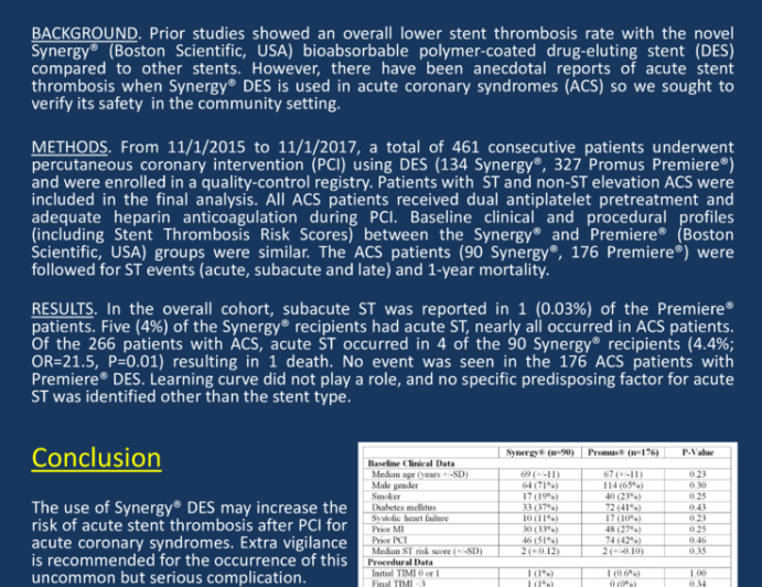 Increased Risk of Acute Stent Thrombosis Associated with Synergy® Bioabsorbable Polymer-Coated Drug-Eluting Stent after Percutaneous Coronary Intervention for Acute Coronary Syndrome