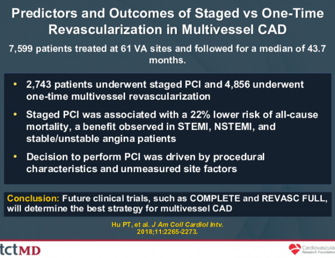 Predictors and Outcomes of Staged vs One-Time Revascularization in Multivessel CAD