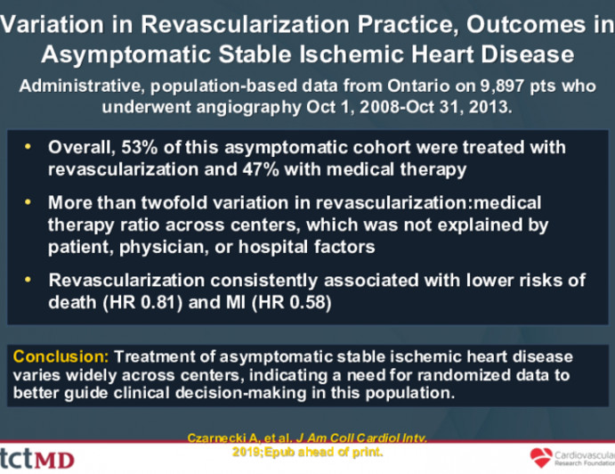 Variation in Revascularization Practice, Outcomes in Asymptomatic Stable Ischemic Heart Disease