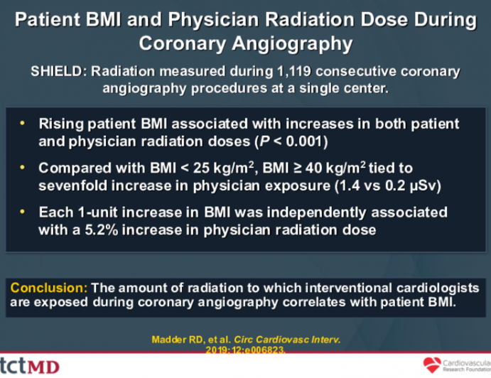 Patient BMI and Physician Radiation Dose During Coronary Angiography