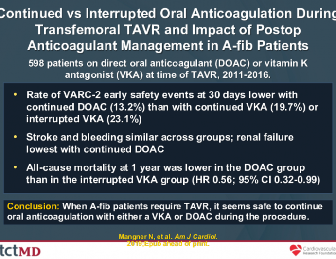 Continued vs Interrupted Oral Anticoagulation During Transfemoral TAVR and Impact of Postop Anticoagulant Management in A-fib Patients