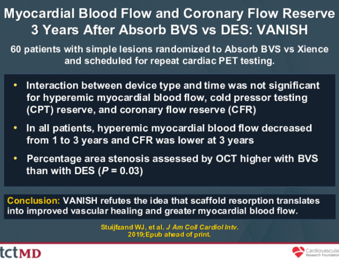 Myocardial Blood Flow and Coronary Flow Reserve3 Years After Absorb BVS vs DES: VANISH