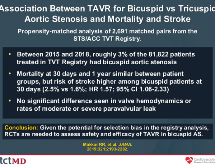 Association Between TAVR for Bicuspid vs Tricuspid Aortic Stenosis and Mortality and Stroke