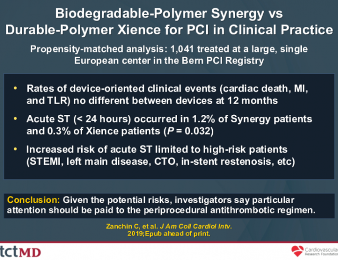 Biodegradable-Polymer Synergy vsDurable-Polymer Xience for PCI in Clinical Practice