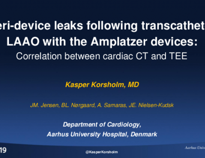 TCT 116: Peri-device leaks following transcatheter left atrial appendage occlusion with the Amplatzer devices: Correlation between cardiac CT and transesophageal echocardiography