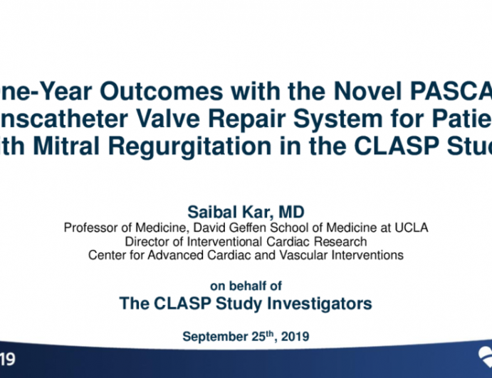 TCT 91: One-Year Outcomes From the Multicenter, Prospective Study With the Novel PASCAL Transcatheter Valve Repair System for Patients With Mitral Regurgitation in the CLASP Study