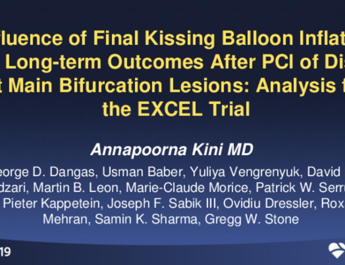 TCT 68: Influence of Final Kissing Balloon Inflation on Long-term Outcomes After PCI of Distal Left Main Bifurcation Lesions: Analysis from the EXCEL Trial