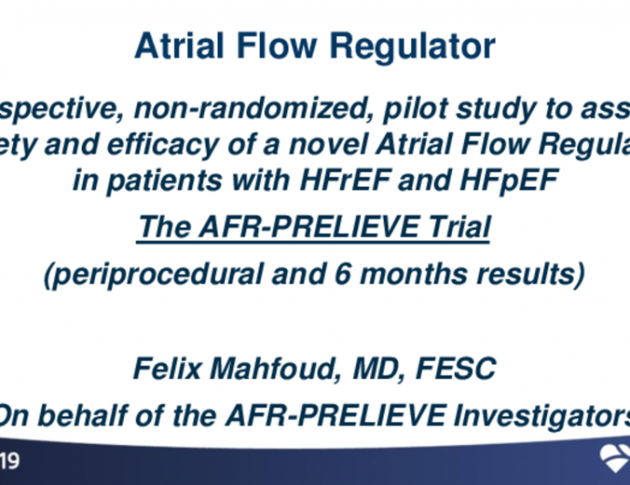 Pilot Study to Assess Safety and Efficacy of a Novel Atrial Flow Regulator in Patients with HFrEF and HFpEF: The AFR-PRELIEVE Trial