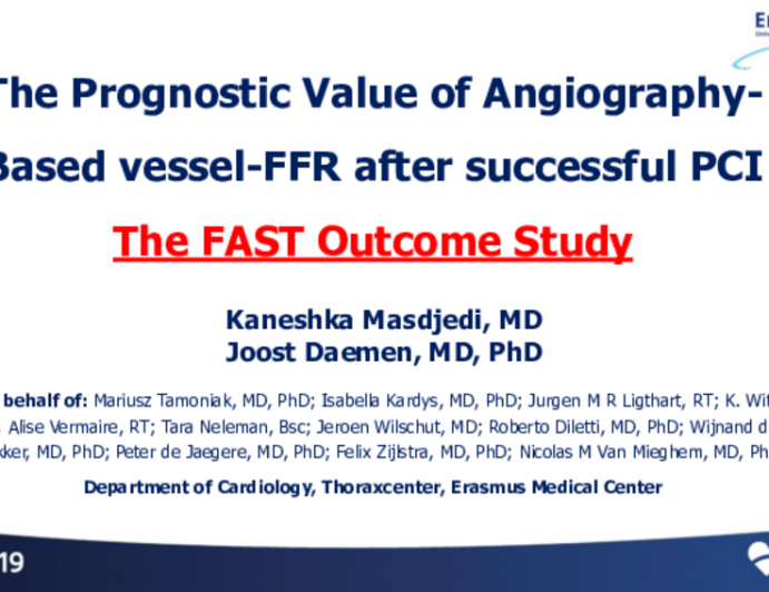 TCT 110: The Prognostic Value of Angiography-Based vessel-FFR after successful Percutaneous Coronary Intervention: The FAST Outcome study