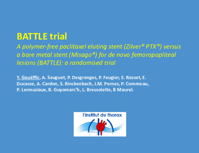 TCT 62: A polymer-free paclitaxel eluting stent (Zilver® PTX®) versus a bare metal stent (Misago®) for de novo femoropopliteal lesions (BATTLE): a randomised trial