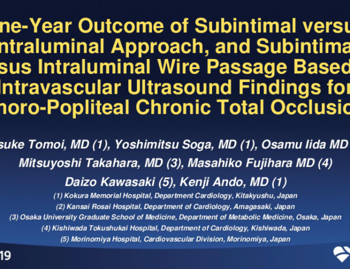 TCT 61: One-Year Outcome of Subintimal versus Intraluminal Approach, Subintimal versus Intraluminal Wire Passage Based on Intravascular Ultrasound Findings For Femoro-Popliteal Chronic Total Occlusions.