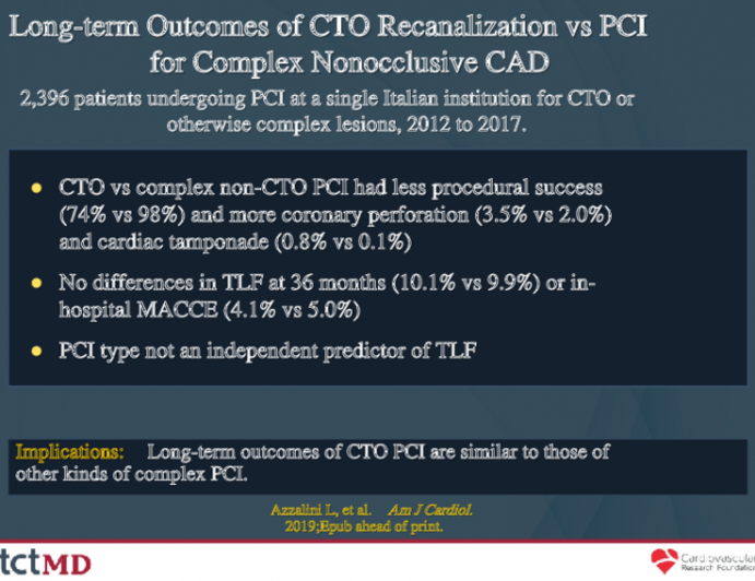 Long-term Outcomes of CTO Recanalization vs PCI for Complex Nonocclusive CAD