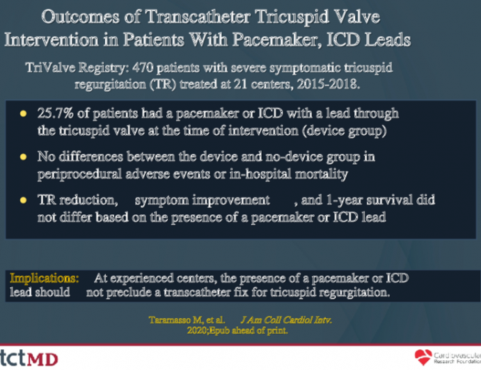 Outcomes of Transcatheter Tricuspid Valve Intervention in Patients With Pacemaker, ICD Leads