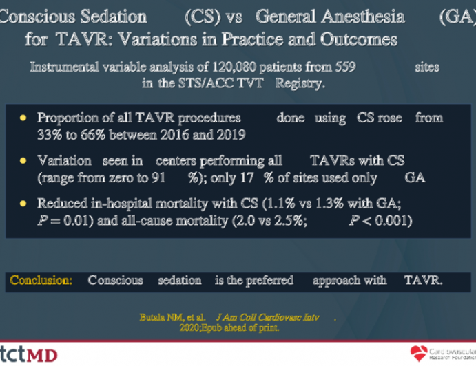 Conscious Sedation (CS) vs General Anesthesia (GA) for TAVR: Variations in Practice and OutcomesConscious Sedation (CS) vs General Anesthesia (GA) for TAVR: Variations in Practice and Outcomes