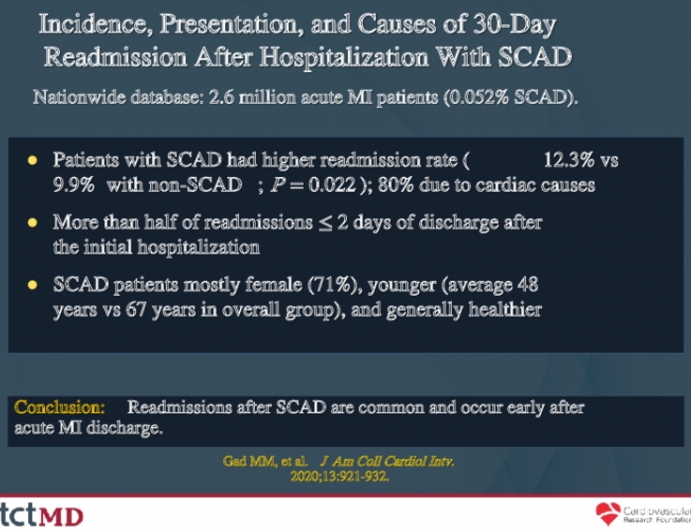 Incidence, Presentation, and Causes of 30-Day Readmission After Hospitalization With SCAD