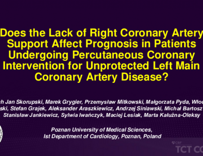 TCT 306: Does the Lack of Right Coronary Artery Support Affect Prognosis in Patients Undergoing Percutaneous Coronary Intervention for Unprotected Left Main Coronary Artery Disease?
