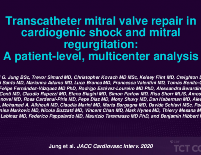 TCT 336: Transcatheter Mitral Valve Repair in Cardiogenic Shock and Mitral Regurgitation: A Patient-Level, Multi-Center Analysis