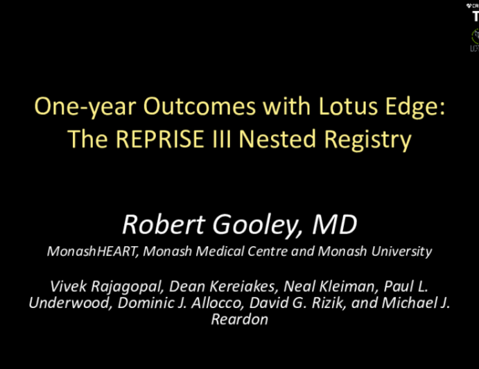 TCT 109: One-Year Outcomes With Lotus Edge: The REPRISE III Nested Registry