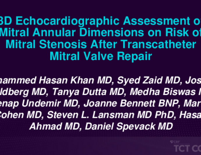 TCT 346: 3D Echocardiographic Assessment of Mitral Annular Dimensions and Risk of Mitral Stenosis After Transcatheter Mitral Valve Repair