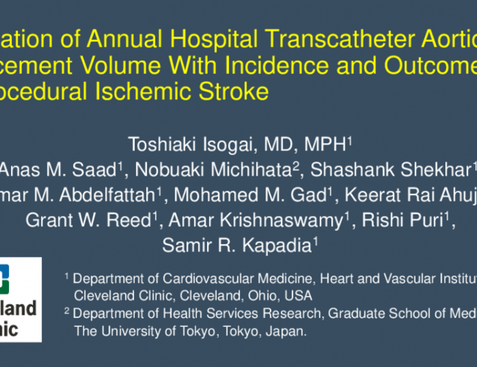 TCT 482: Association of Annual Hospital Transcatheter Aortic Valve Replacement Volume With Incidence and Outcomes of Periprocedural Ischemic Stroke