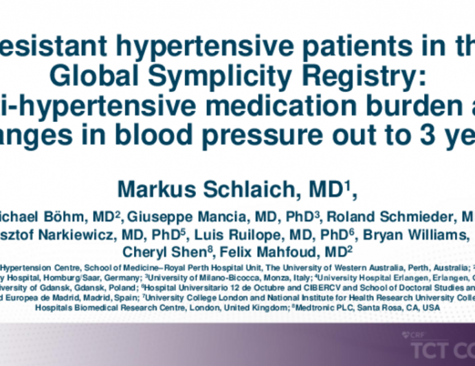 TCT 419: Patients With Resistant Hypertension in the Global SYMPLICITY Registry: Anti-Hypertensive Medication Burden and Changes in Blood Pressure out to 3 Years