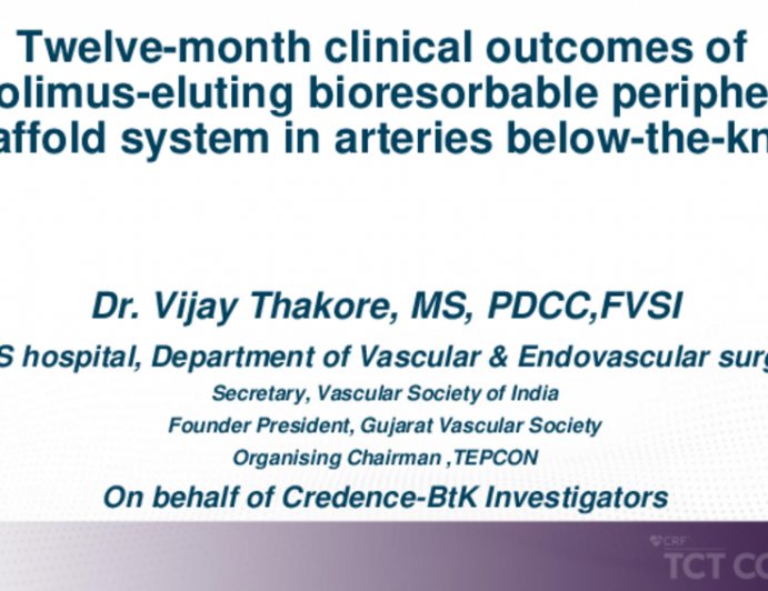 TCT 317: Twelve-Month Clinical Outcomes of Sirolimus-Eluting Bioresorbable Peripheral Scaffold System Following Percutaneous Transluminal Angioplasty of Below-the-Knee Arteries in Patients With Critical Limb Ischaemia: The CREDENCE BtK-1 Study