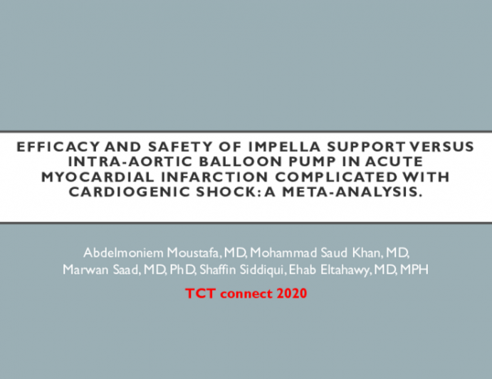 TCT 034: Efficacy and Safety of Impella Versus Intra-Aortic Balloon Pump in Acute Myocardial Infarction Complicated With Cardiogenic Shock: A Meta-Analysis