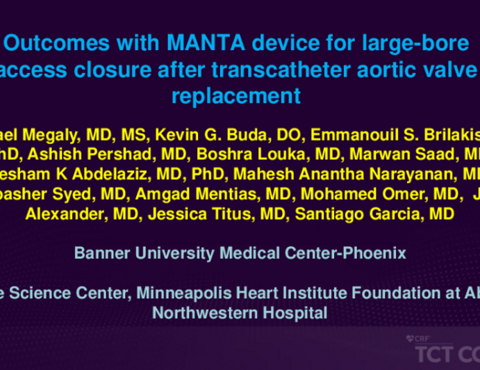 TCT 295: Outcomes With MANTA Device for Large-bore Access Closure After Transcatheter Aortic Valve Replacement