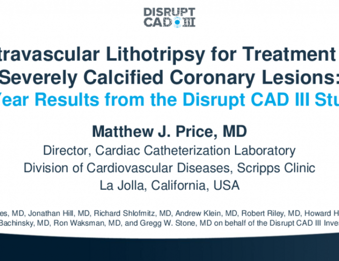 CAD III: One-year Outcomes of Intravascular Lithotripsy for Treatment of Severely Calcified Coronary Arteries