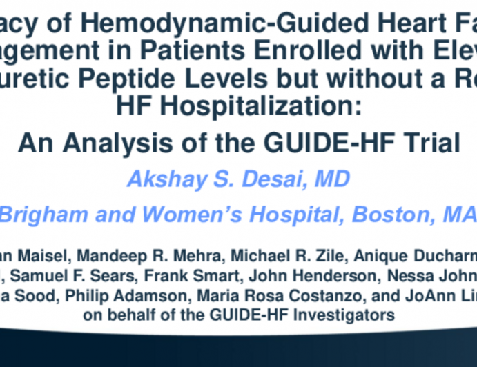 Efficacy of Hemodynamic-Guided Heart Failure Management in Patients Enrolled With Elevated Natriuretic Peptide Levels but Without a Recent HF Hospitalization: An Analysis of the GUIDE-HF Trial