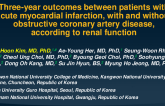 TCT 228: Three-year outcomes between patients with acute myocardial infarction, with and without obstructive coronary artery disease, according to renal function